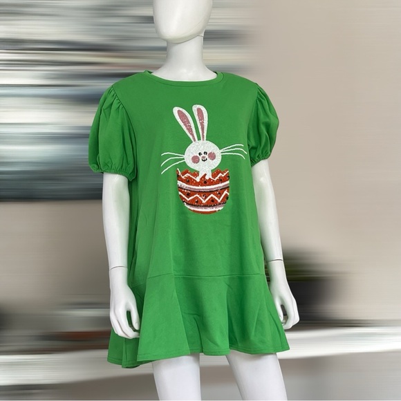 PEACH LOVE CALIFORNIA puff sleeve sequin bunny ruffle bottom trim dress S M L - Picture 3 of 7